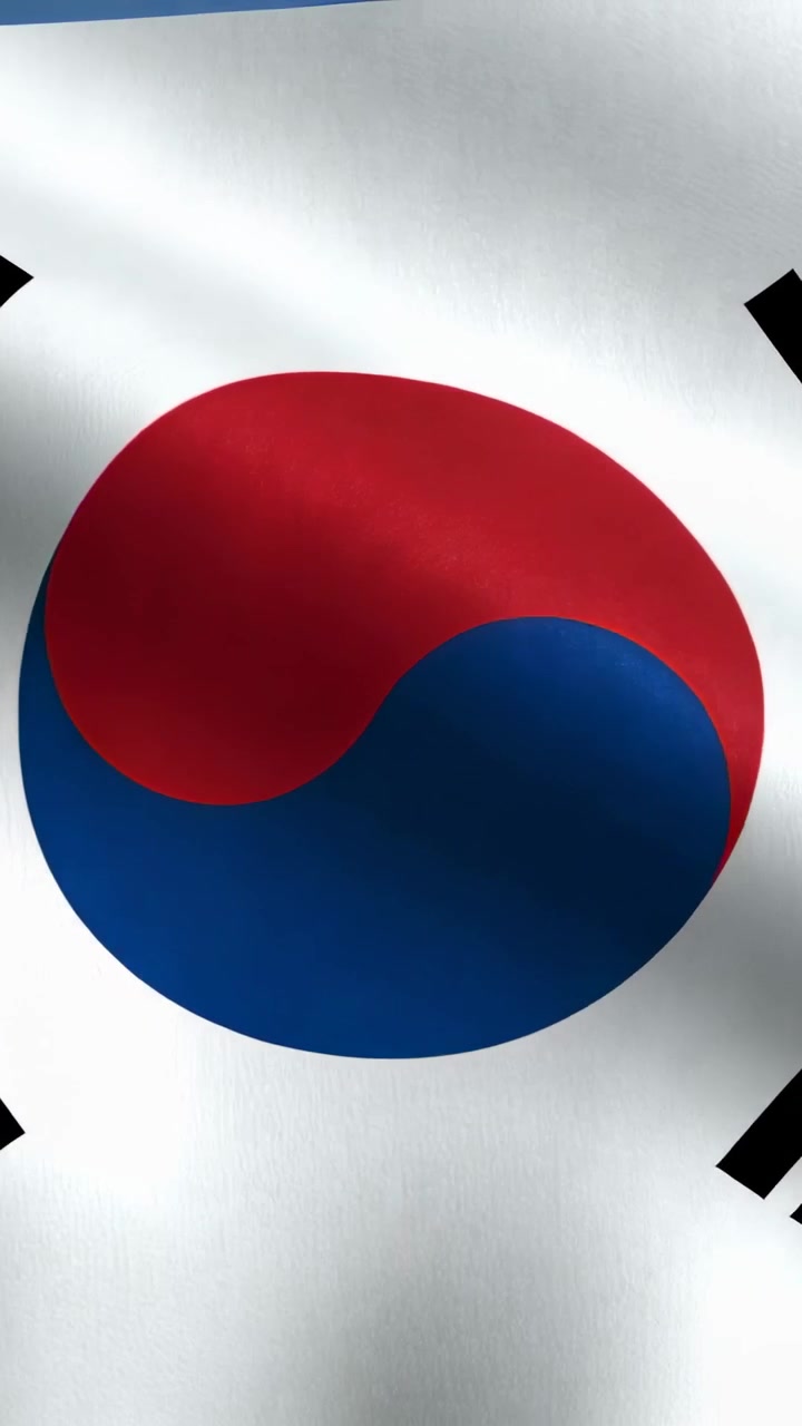 Video verticale: Bandiera coreana che sventola e ondeggia nella brezza all'aperto, rivelando il simbolo Taeguk e i trigrammi.