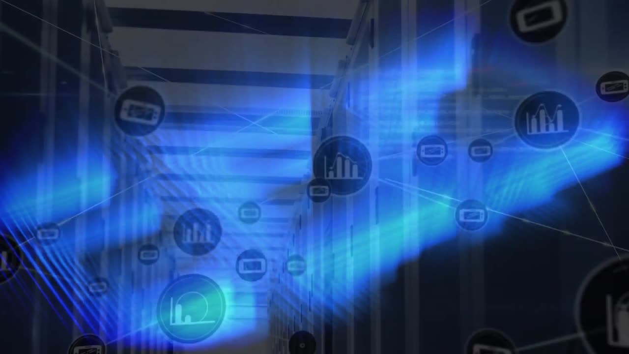 Animation of connected icons over lens flares against server room in background
