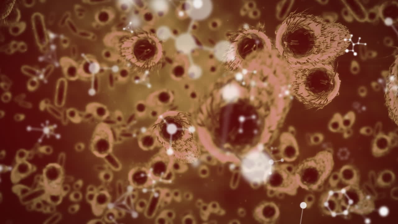 animación de moléculas y células macro marrones de covid 19