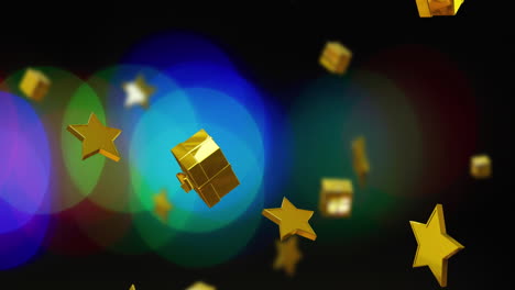 animación de estrellas doradas de navidad y regalos cayendo sobre manchas de luz sobre fondo negro.