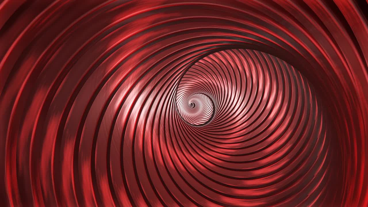 Tunnel a spirale infinito che si attorciglia e ruota riflettendo una luce rossa brillante - Animazione di sfondo in loop continuo 4K
