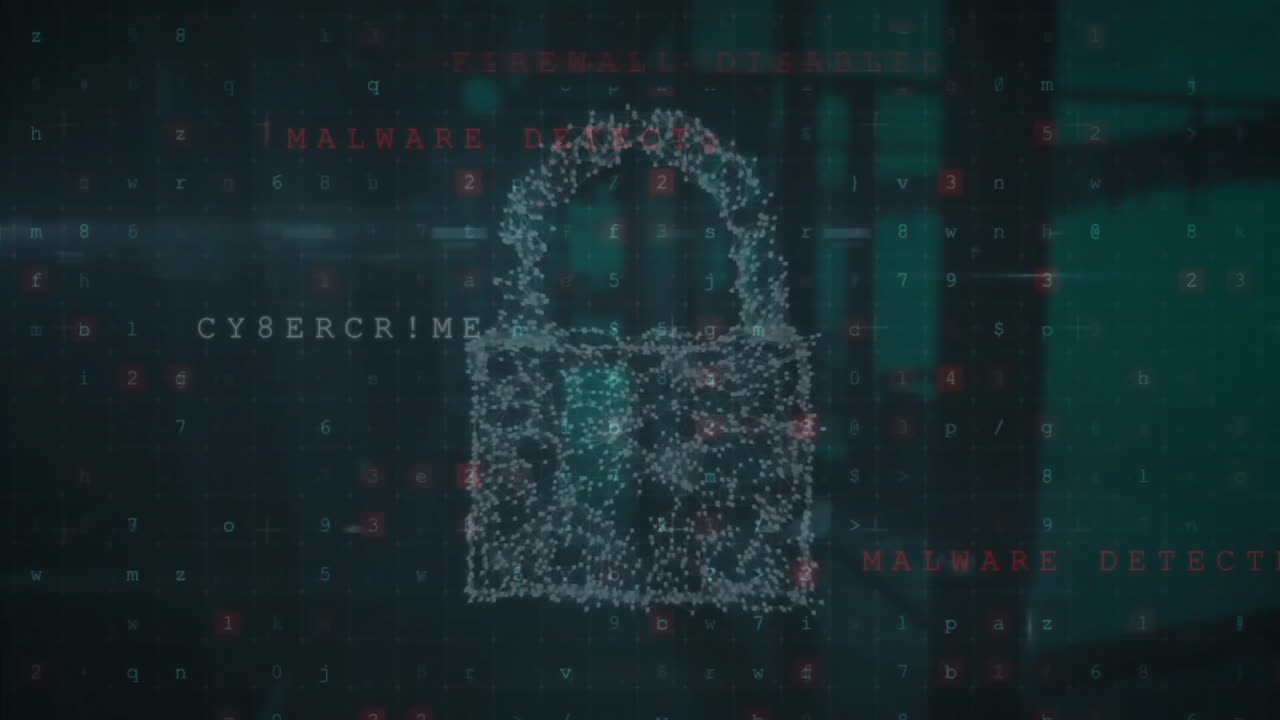animación del texto de advertencia de seguridad cibernética y el candado sobre la oficina