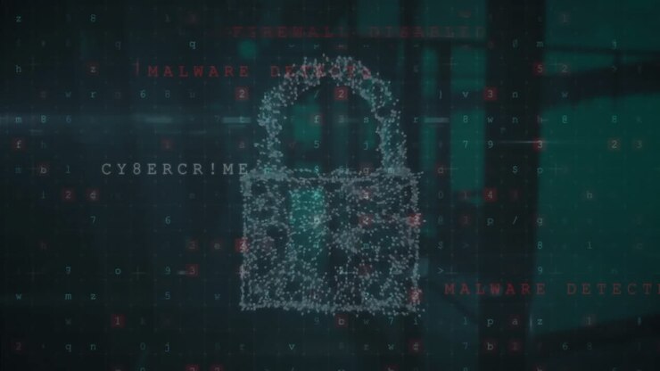 Animation of cyber security warning text and padlock over office