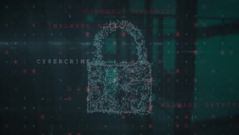 animación del texto de advertencia de seguridad cibernética y el candado sobre la oficina