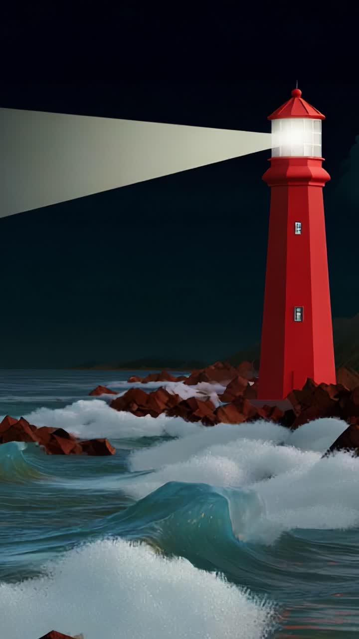 Vivid Illustration of a Majestic Red Lighthouse Standing Tall Against Turbulent Waves, Casting Light Across the Dark Night Sky, Symbolizing Hope and Safety for Sailors in Rough Seas