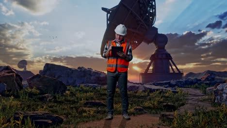full body of asian male engineer with safety helmet taking note on the tablet and looking around while standing with large satellite dish