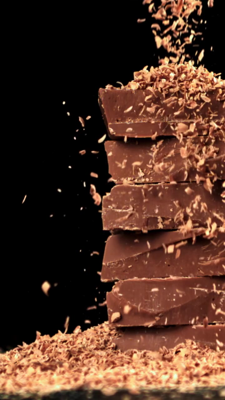 Delicious Chocolate Shavings Sprinkling Over Stacked Chocolate Bars
