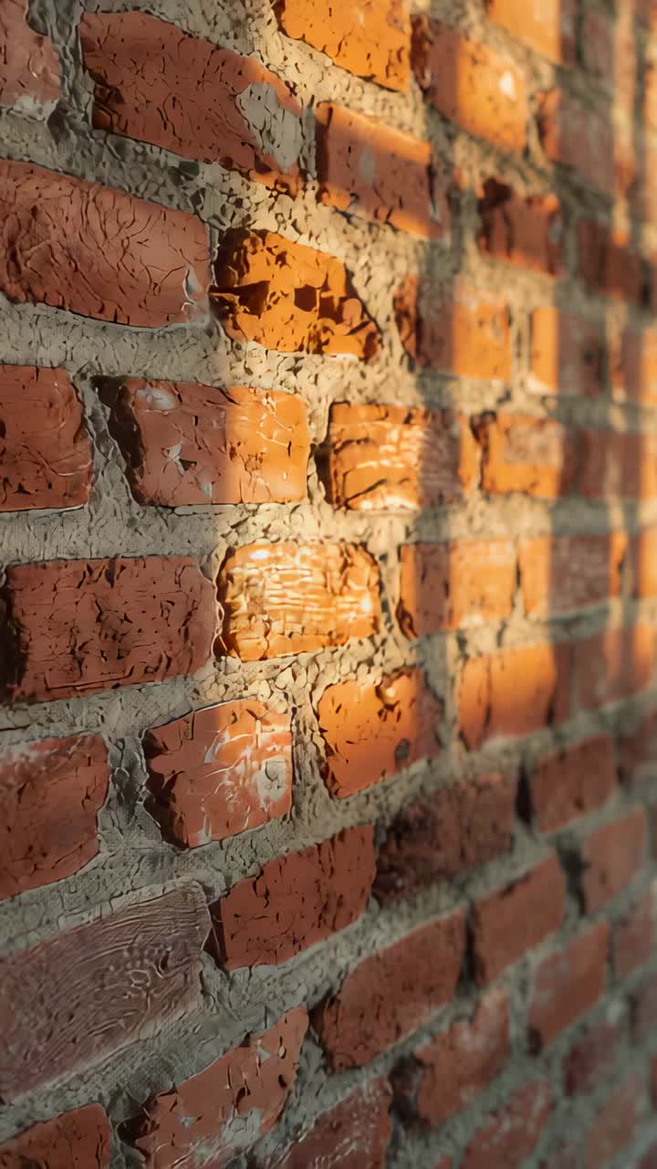 Vertical video: Shifting sunlight revealing red brick on exterior, exposing mortar and shadow bands