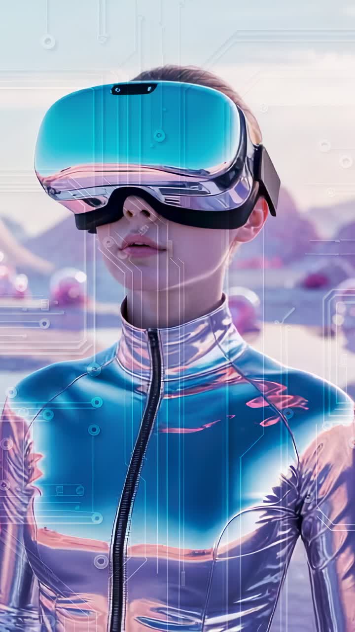 Vertical video: Aligning visor, woman in virtual world tuning VR headset after launch for immersion