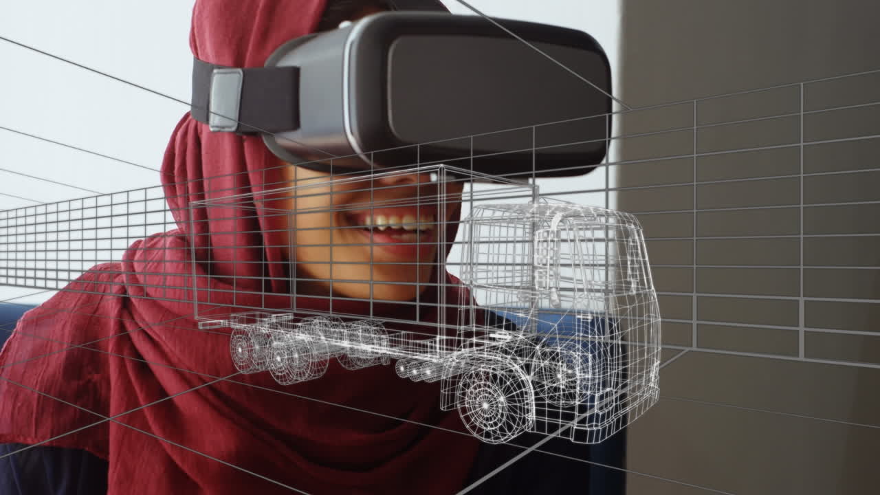 Animace digitální 3D kresby auta nad ženou používající VR headset