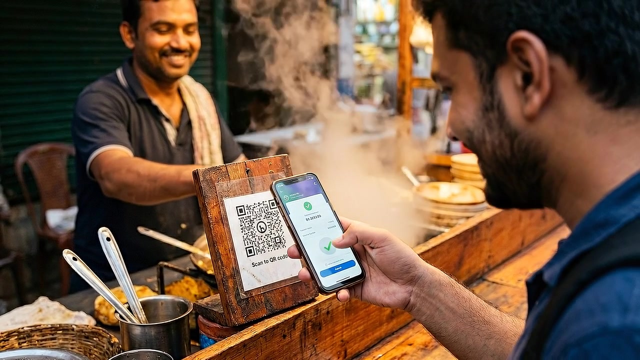 Customer Paying for Street Food Using Mobile QR Code Payment