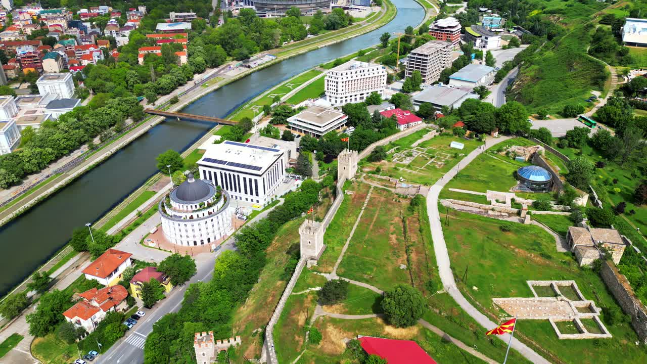 Aerial, drone view of the Skopje Fortress in Skopje, North Macedonia