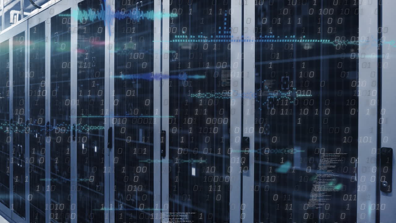 animazione dell'elaborazione dei dati di codifica binaria su server informatici