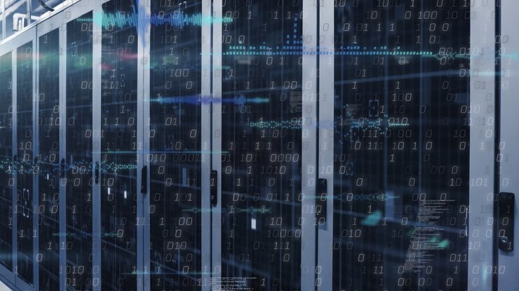 Animation of binary coding data processing over computer servers