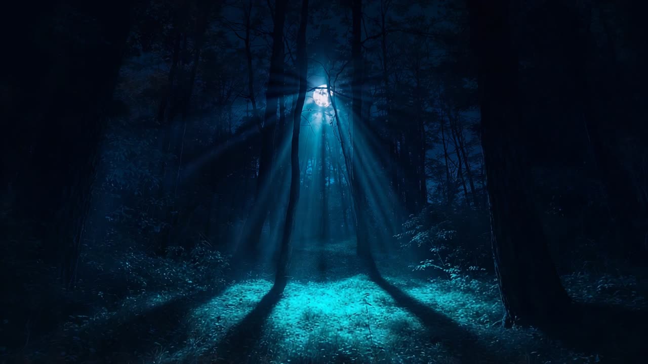 Full moon revealing narrow gap in tall trunks, casting bluish beams lighting forest clearing, mist