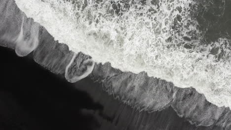 Von-Oben-Nach-Unten-Luftaufnahme-Der-Wellen-Am-Reynisfjara,-Schwarzem-Sandstrand-In-Island