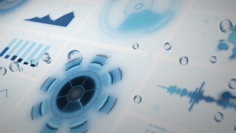 diagramas y gráficos de datos digitales con animación de interfaz futurista sobre gotas de agua
