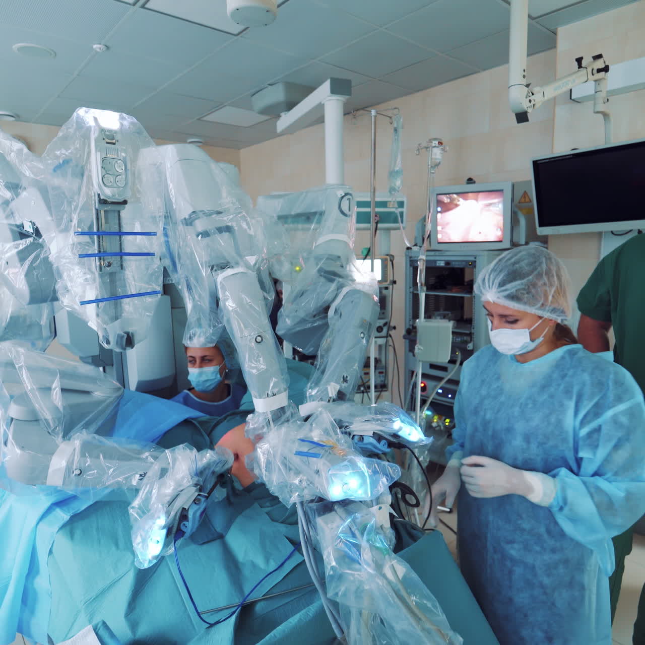 Medical operation involving robot. Medical robot. Robotic Surgery.