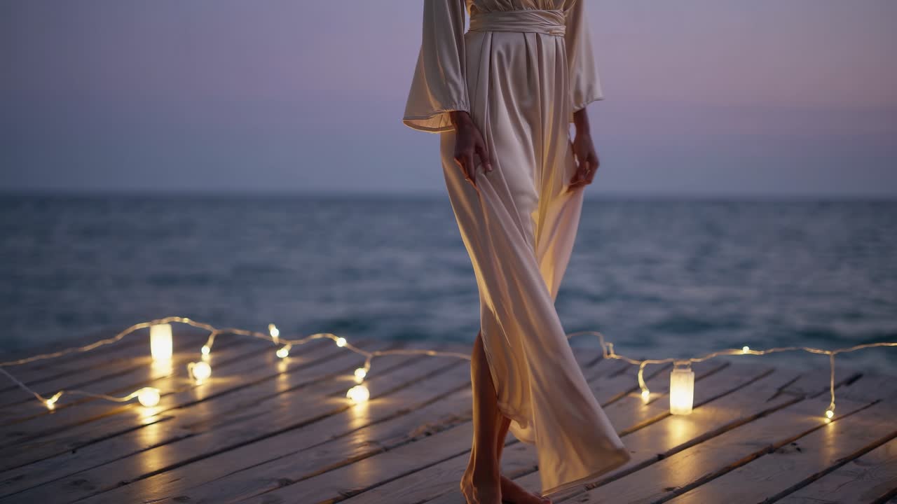 Woman wearing flowing white dress standing on wooden pier beside sea during sunset, gripping skirt edges with soft string lights illuminating surrounding landscape
