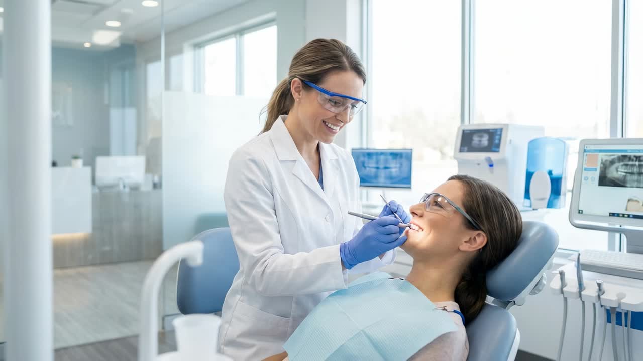 Controllo dentistico: dentista con guanti che controlla i denti di un paziente sdraiato durante un check-up in clinica, con specchietto e aspiratore