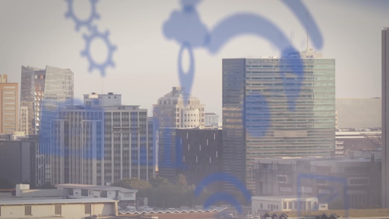 도시 풍경 위의 아이콘의 애니메이션