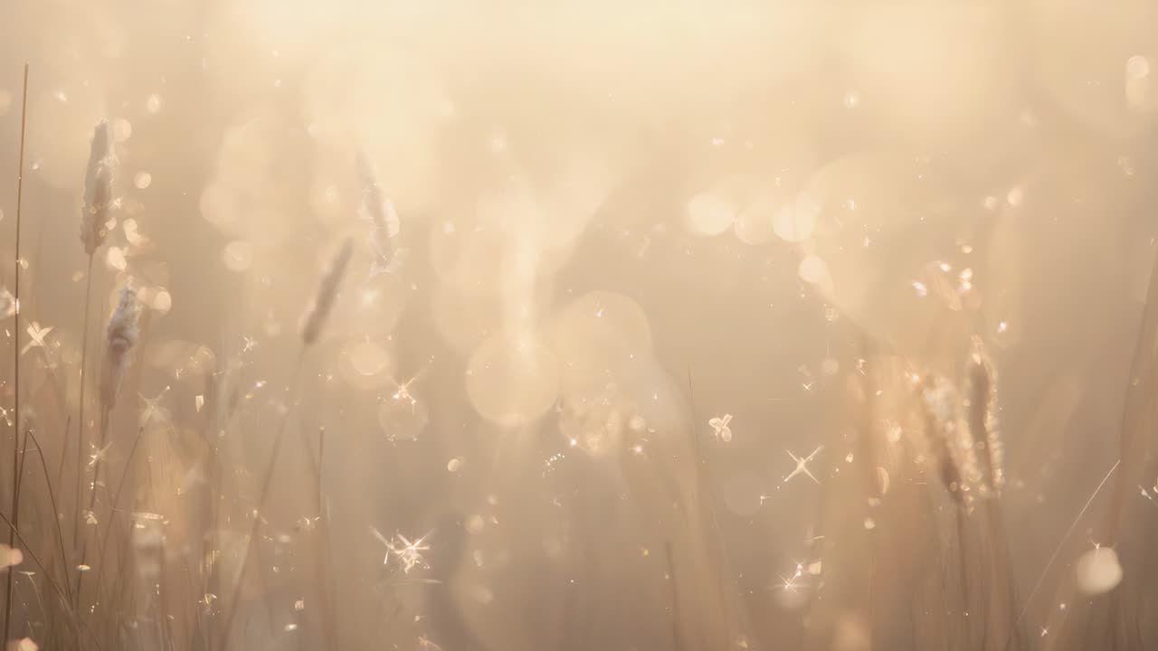 Swaying tall grass seed heads as breeze blowing in field at golden hour, backlighting bokeh, pollen