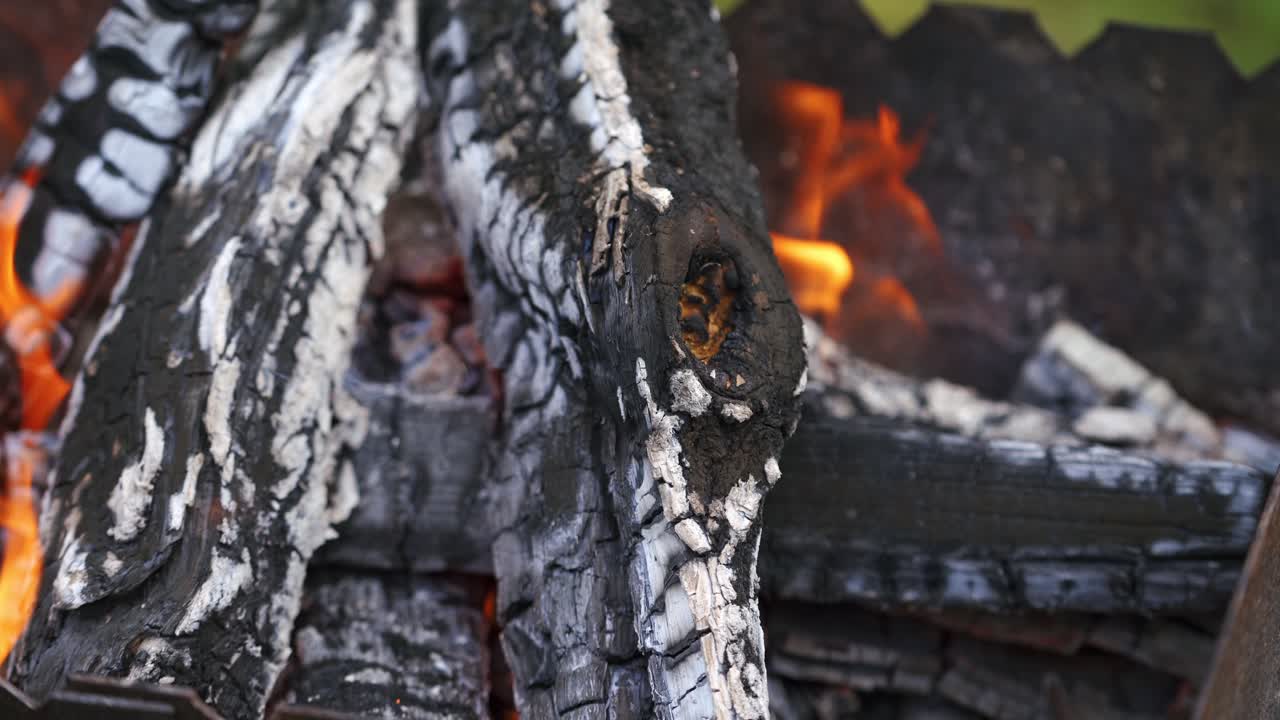 Bonfire flame and firewood. Smoldered firewoods burned in fire, close up