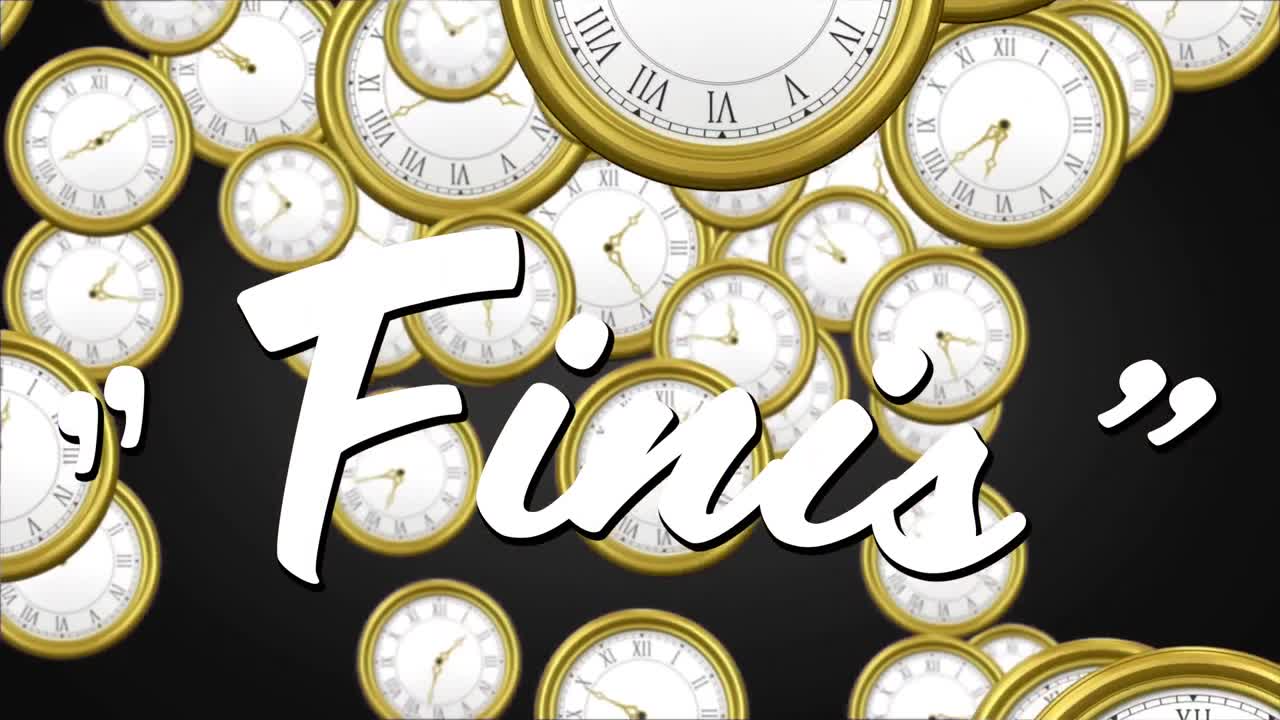 여러 시계에 걸쳐 finis 텍스트의 애니메이션이 빠르게 움직입니다.