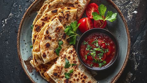 Delicious-Quesadillas-with-Tomato-Salsa-on-Rustic-Plate