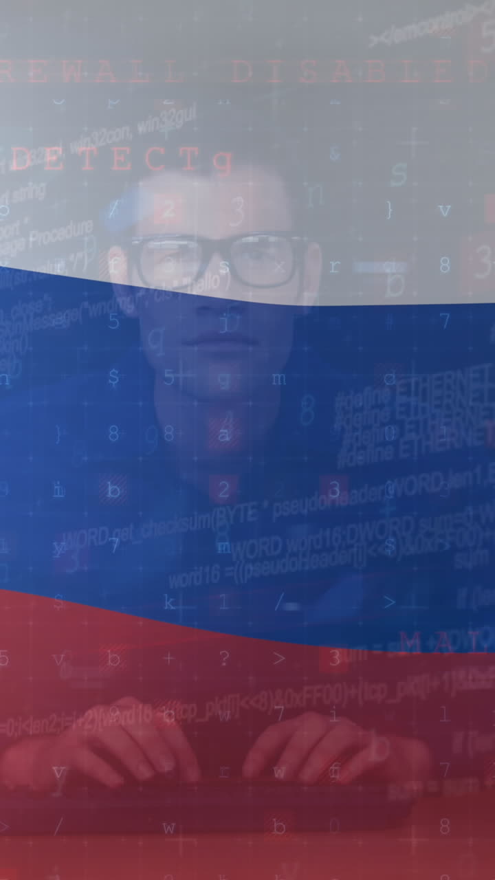 Animazione di hacker caucasico sulla bandiera della Russia