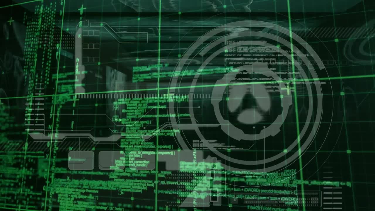 Animation of green grid over circular scanner and green data processing, on black