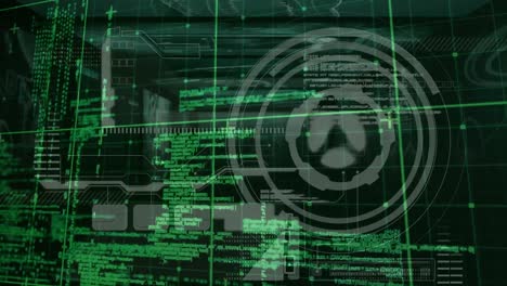 animación de la cuadrícula verde sobre el escáner circular y el procesamiento de datos verde, en negro