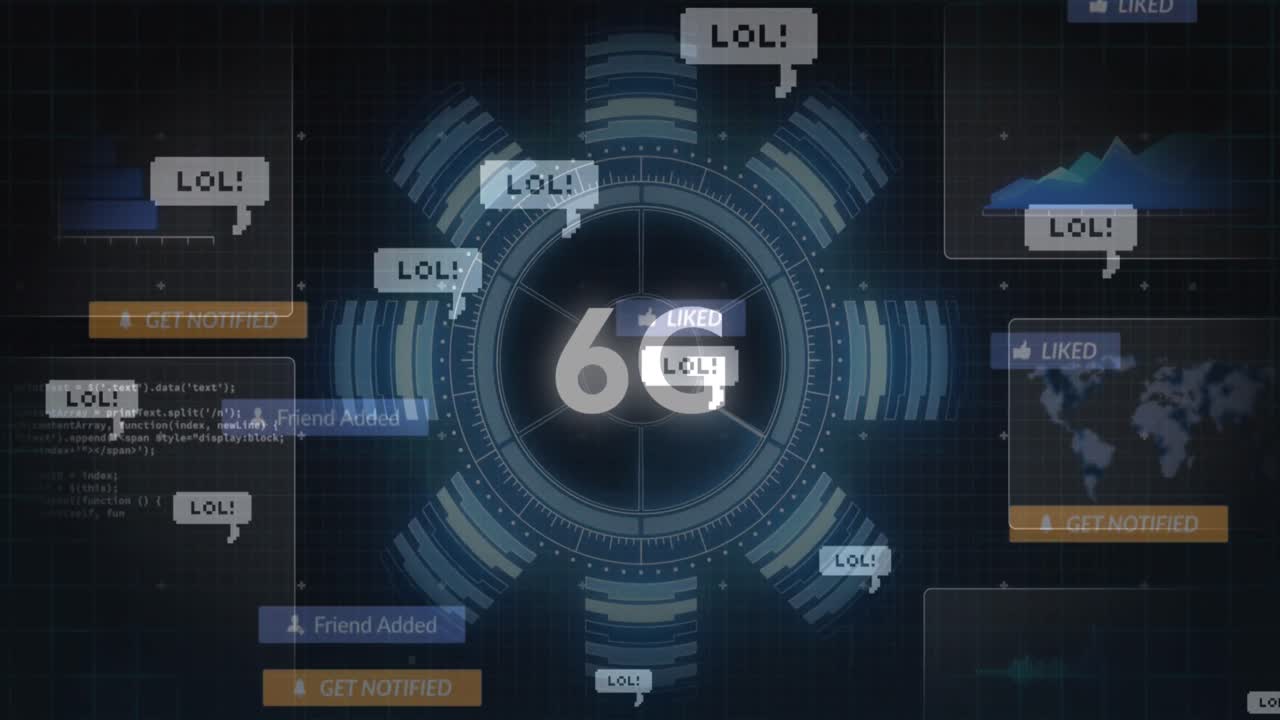 animación del procesamiento de datos sobre 6g de texto e iconos de medios