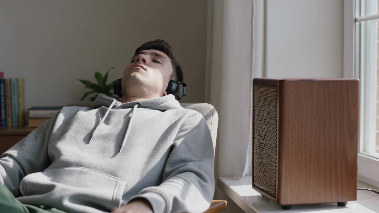 Streaming sunlight lulling man wearing grey hoodie and headphones into dozing by window, speaker