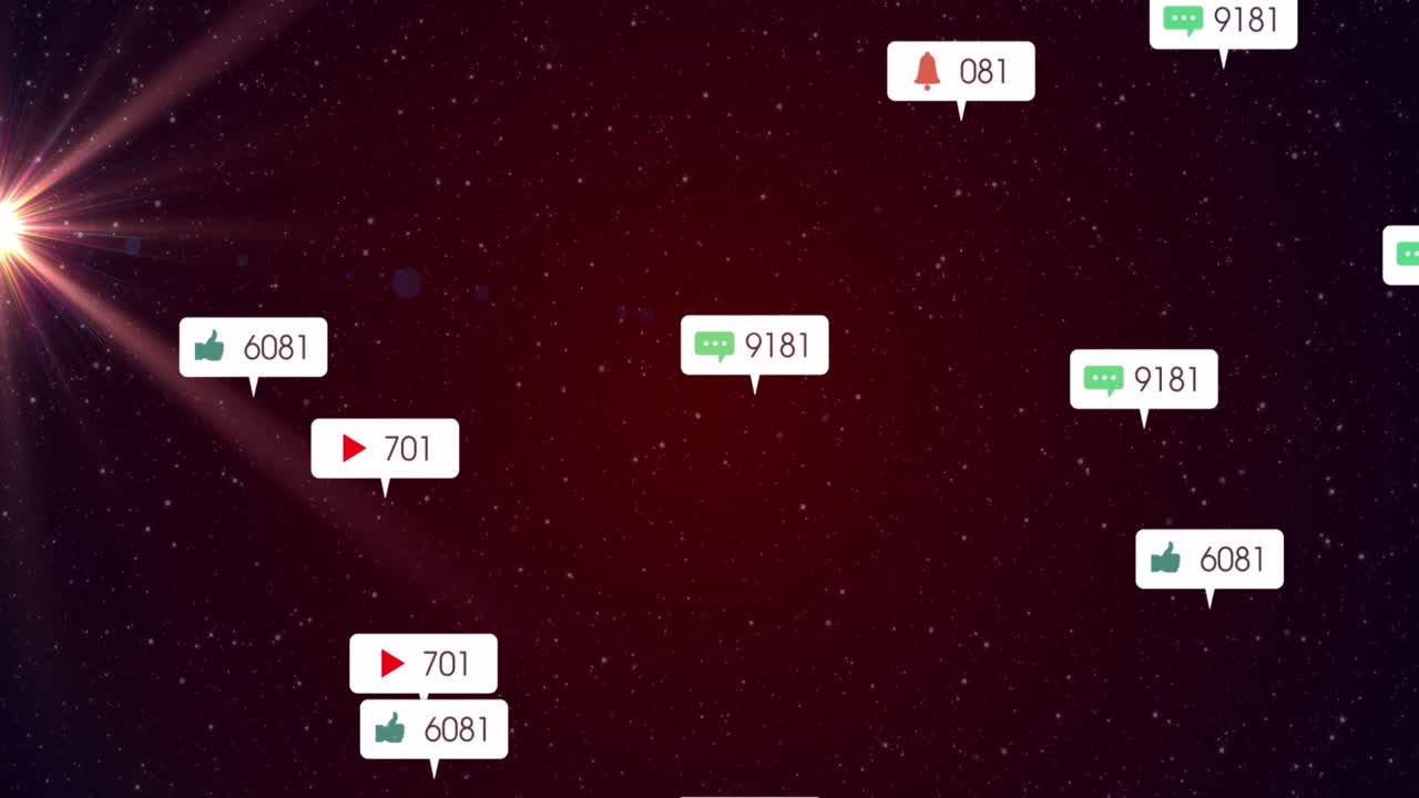 밤의 은 하늘의 별 위에 색 배너에 소셜 미디어 아이콘과 숫자의 애니메이션