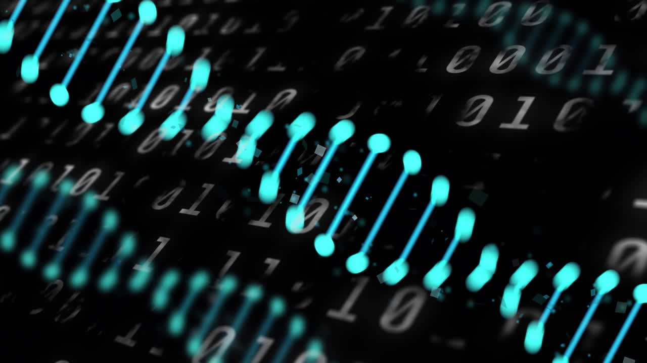 animación de cadenas de adn sobre el procesamiento de datos en fondo negro