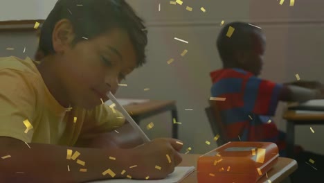 Animation-of-golden-confetti-falling-against-portrait-of-indian-boy-studying-in-the-class-at-school