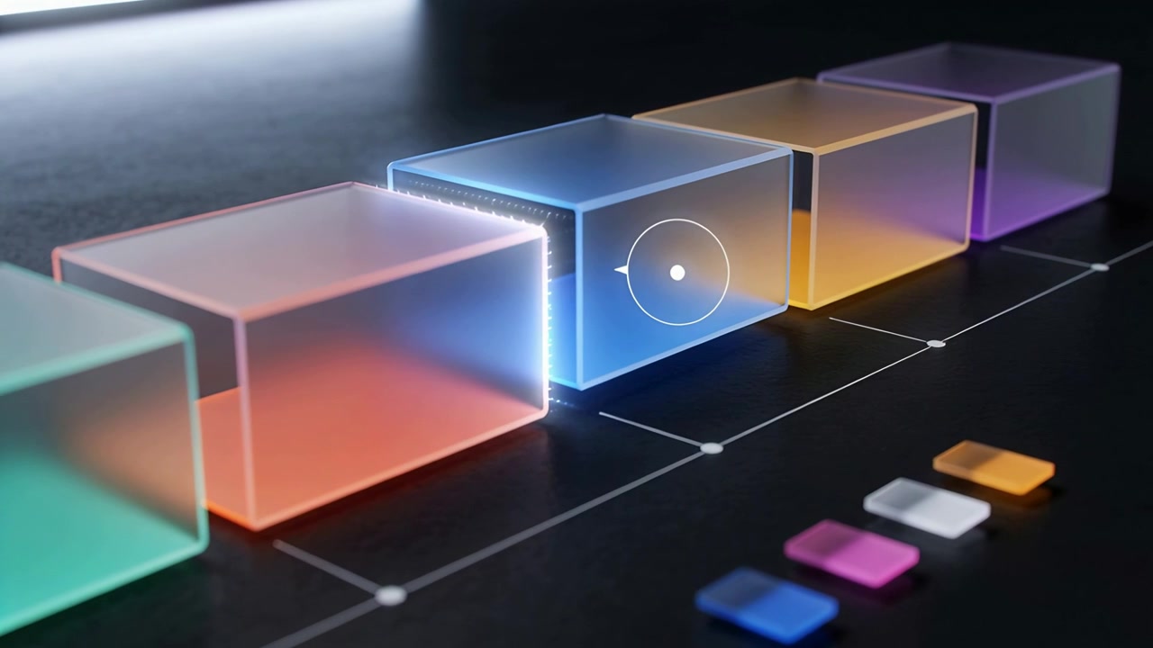 Appearing reticle causing frosted blue cube glowing on dark grid, indicating selection with samples