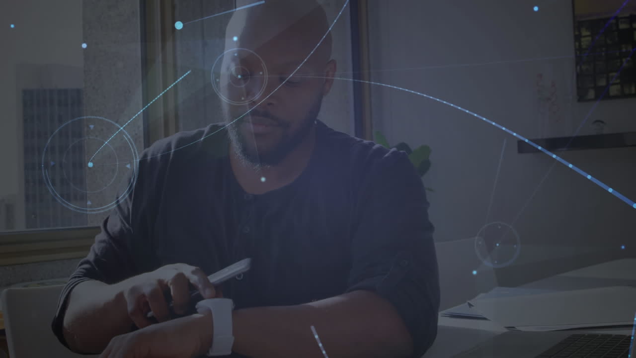 Animation of networks of connections with icons over man using smartphone