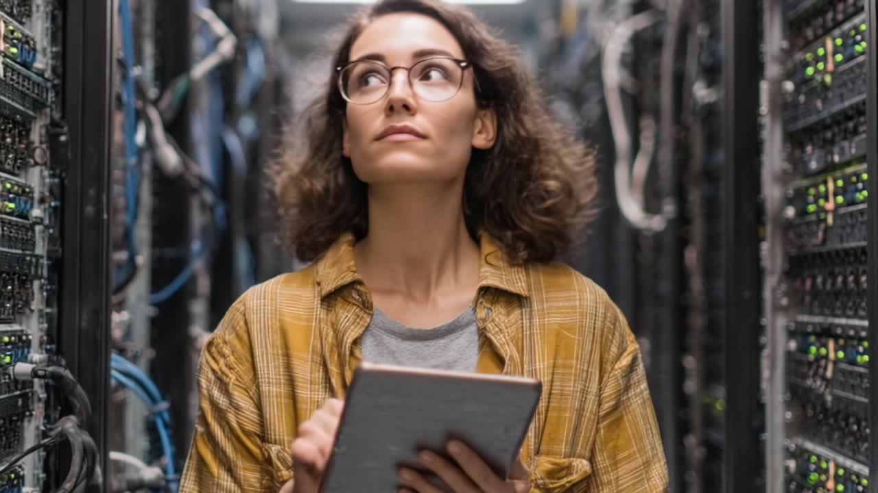 A Young Woman in a Data Center Analyzing Server Configurations and Monitors with a Tablet, Surrounded by High-Tech Equipment and Rack Servers