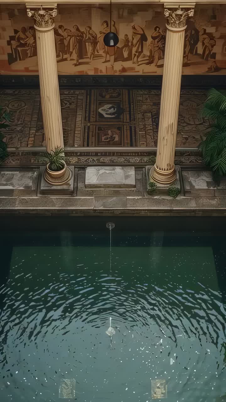 Vertical video: Jet pulsing fountain producing ripples in interior atrium, with floating leaves