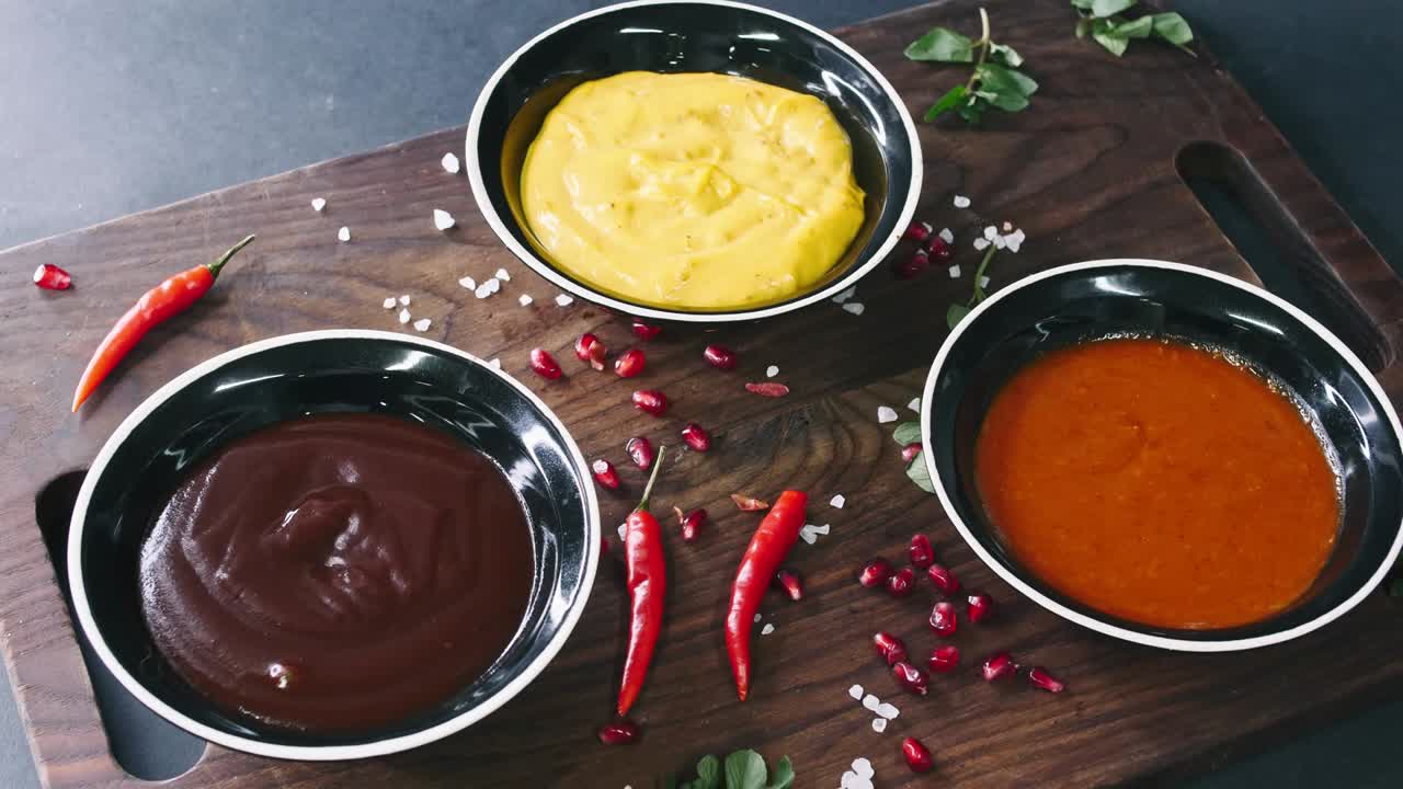 Wooden board with plates with burger sauce, ketchup, mustard with pepper and pomegranate seeds in 4k resolution slow motion