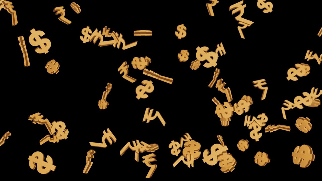 Animation glowing gold US Dollar, Indian Rupee, Bitcoin symbols falling Loop Background.