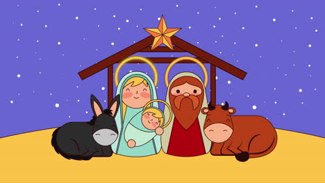 cute holy family in stable with animals manger characters