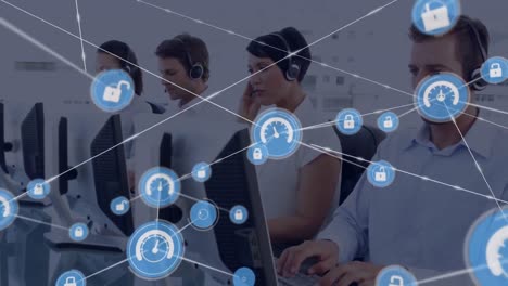 Animation-of-network-of-connection-with-icons-over-business-people-wearing-phone-headsets