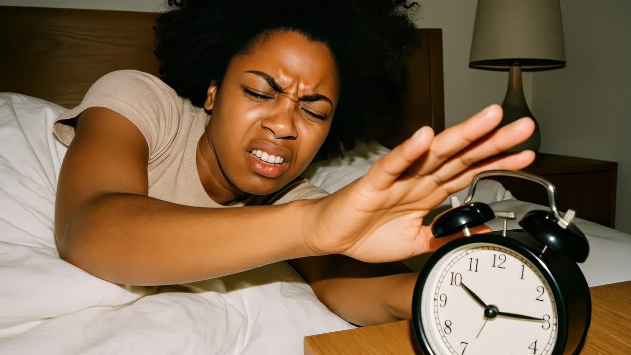 A woman in bed reaches to stop an alarm clock, expressing frustration