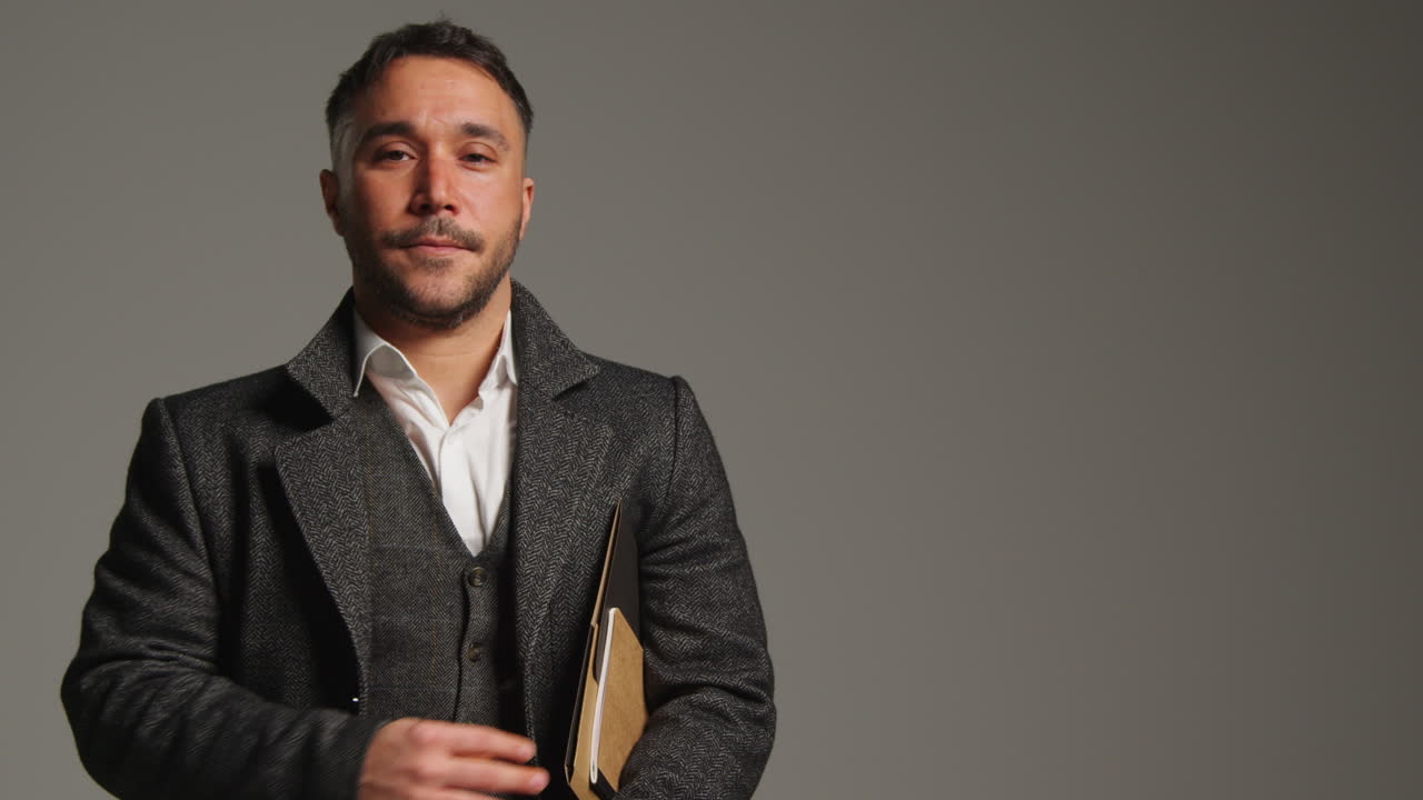 성숙한 남성 교사 또는 사업가의 스튜디오 초상화, 그의 팔 에 폴더와 함께 회색 배경에 서 있습니다.