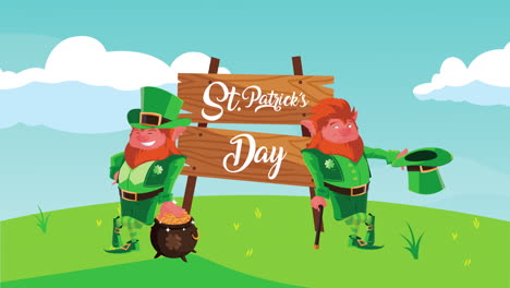 happy saint patricks day lettering in wooden label with leprechauns characters