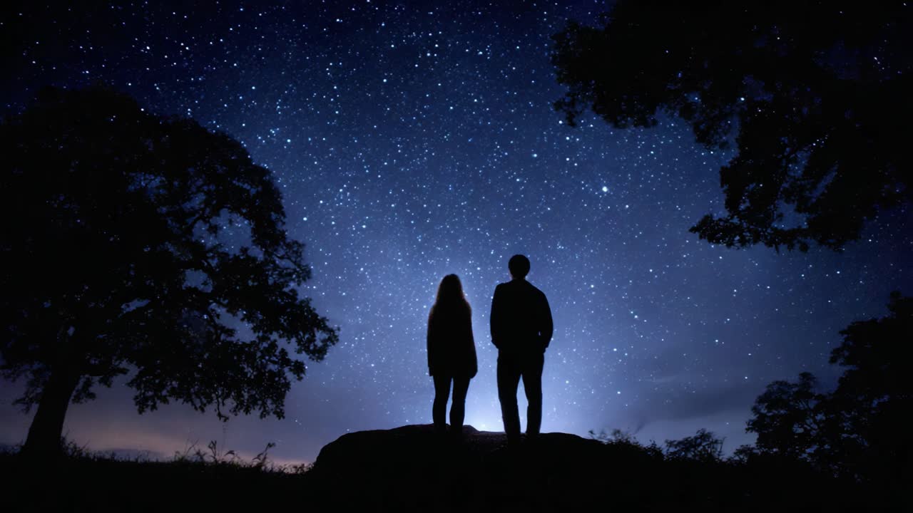 A serene night under a brilliant starlit sky, where two figures stand on a hilltop, marveling at the vast universe and the enchanting beauty of distant stars and constellations