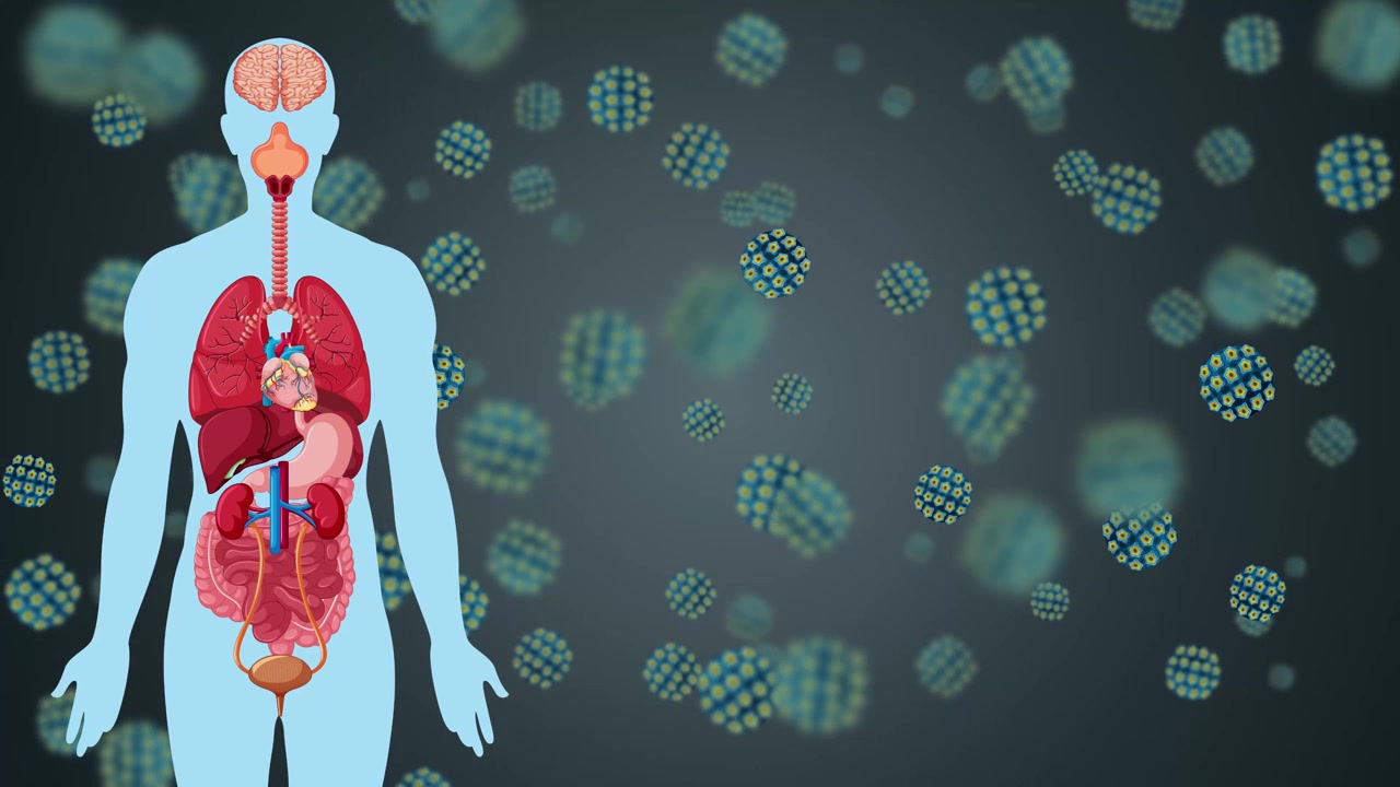 Illustrazione medica di organi interni umani con particelle virali stilizzate che cadono su uno sfondo scuro